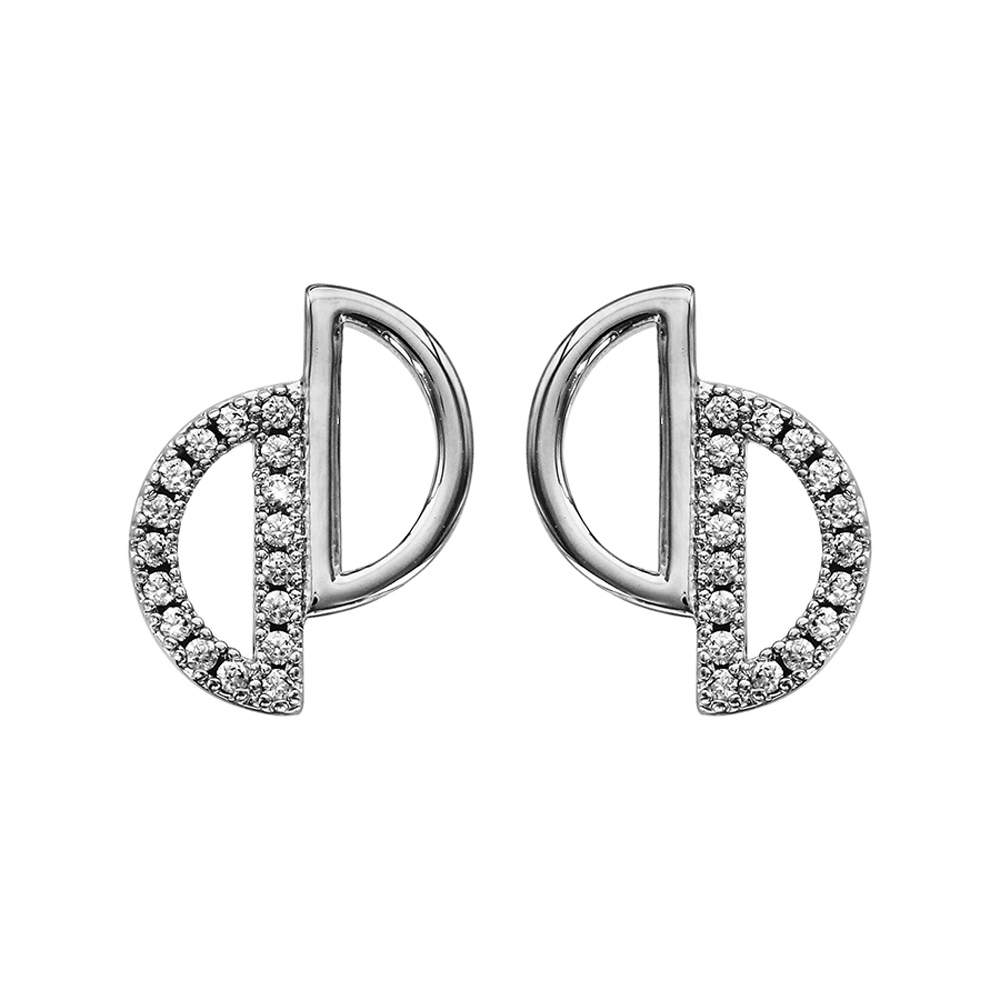 Boucles d\'oreille en argent rhodi 2 demi cercles vids lisses et pav d\'oxydes blancs sertis avec fermoir poussette - Vue 1