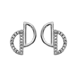 Boucles d\'oreille en argent rhodi 2 demi cercles vids lisses et pav d\'oxydes blancs sertis avec fermoir poussette - Vue 1