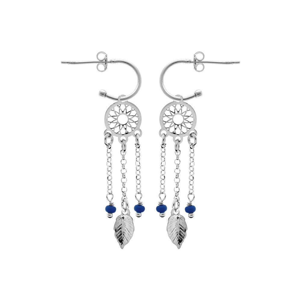 Boucles d\'oreille en argent rhodi� demi-cr�ole attrape r�ve avec boules bleu fonc� et fermoir poussette - Vue 1