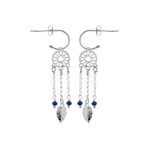 Boucles d\'oreille en argent rhodi demi-crole attrape rve avec boules bleu fonc et fermoir poussette - Vue 1