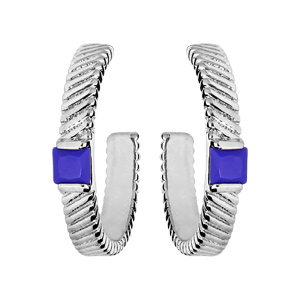 Boucles d\'oreille en argent rhodié demi-créoles diamanté pierre carree bleu nuit et fermoir poussette - Vue 1