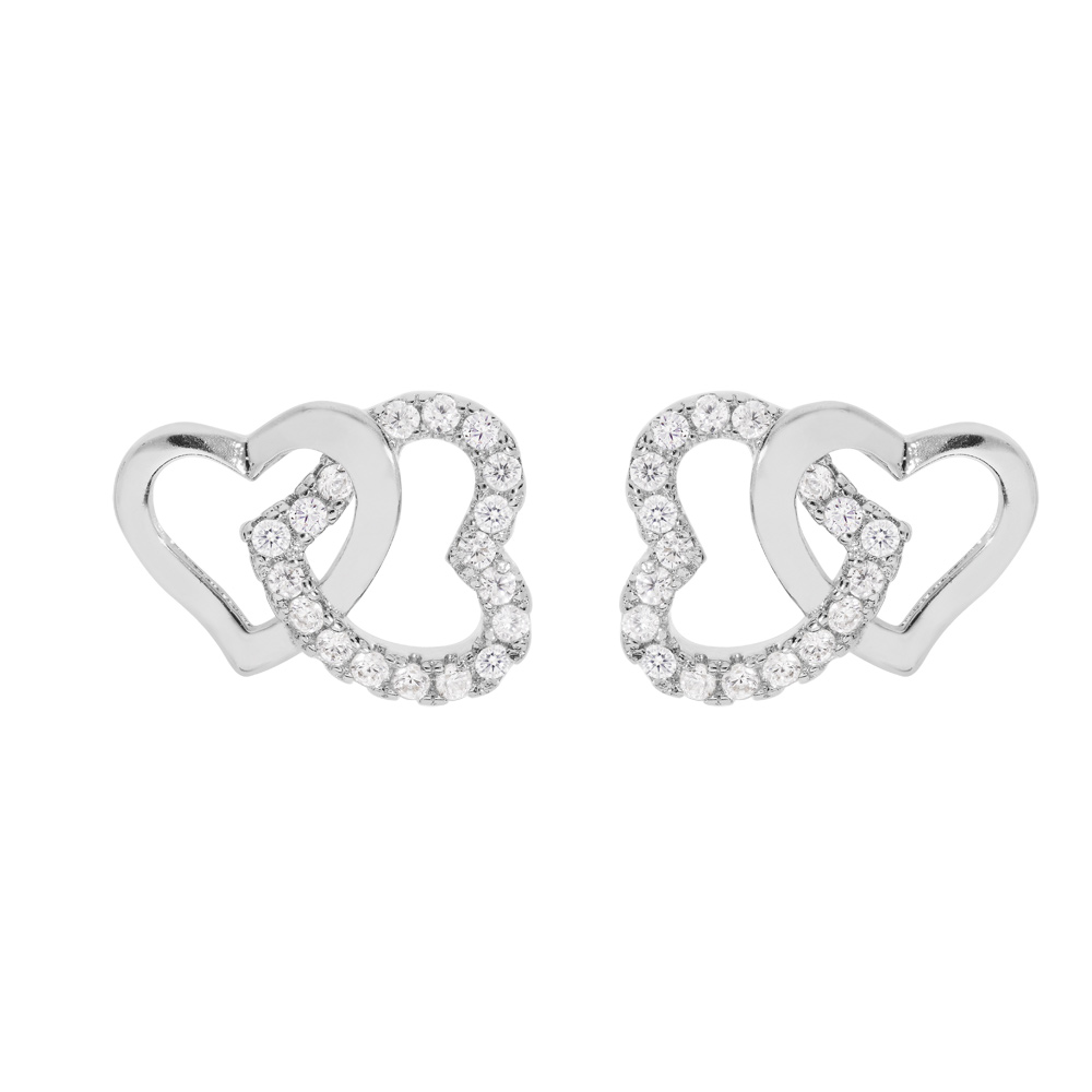 Boucles d\'oreille en argent rhodi� double coeur entrelac� avec oxydes blancs sertis et fermoir poussette - Vue 1