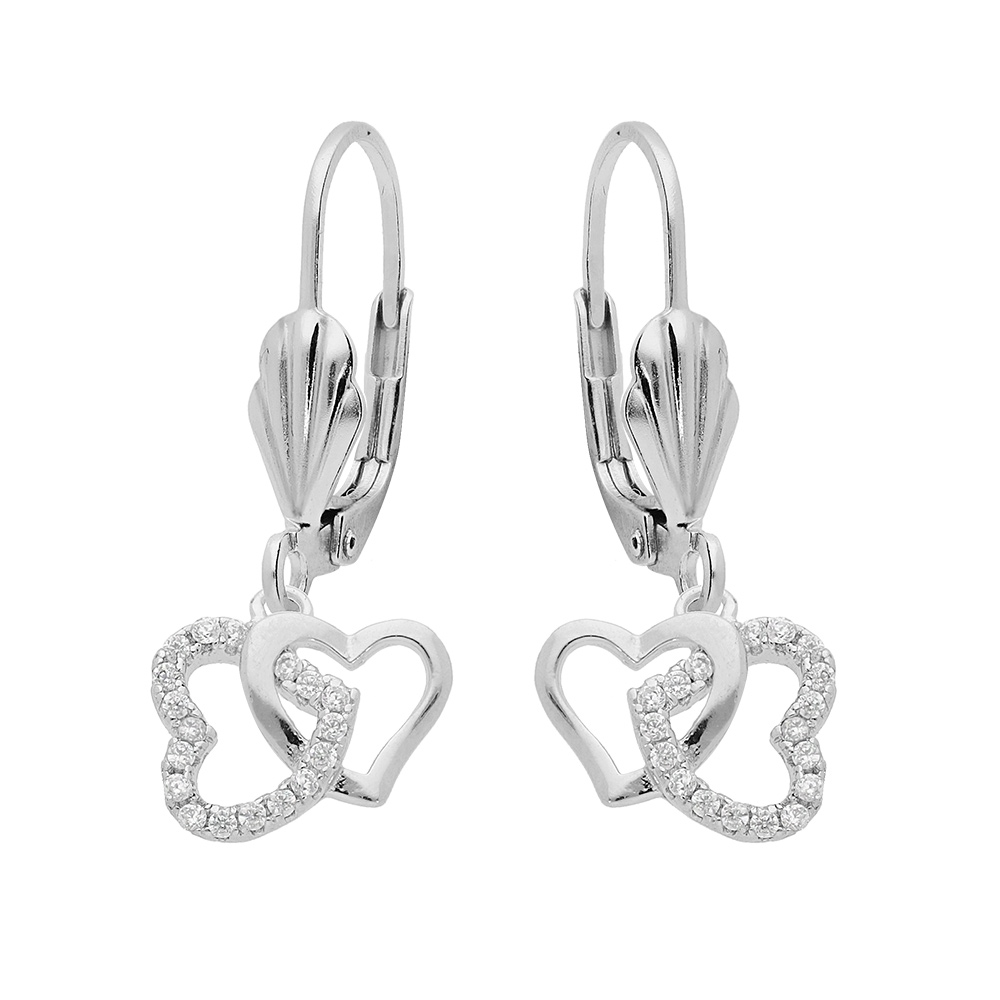 Boucles d\'oreille en argent rhodi� double coeur entrelac� oxydes blancs sertis et fermoir dormeuse - Vue 1
