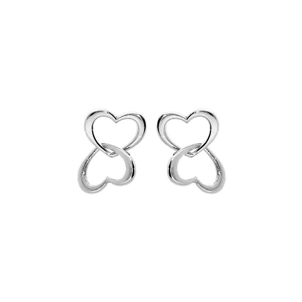 Boucles d\'oreille en argent rhodi� double coeur entrem�l� et fermoir poussette - Vue 1