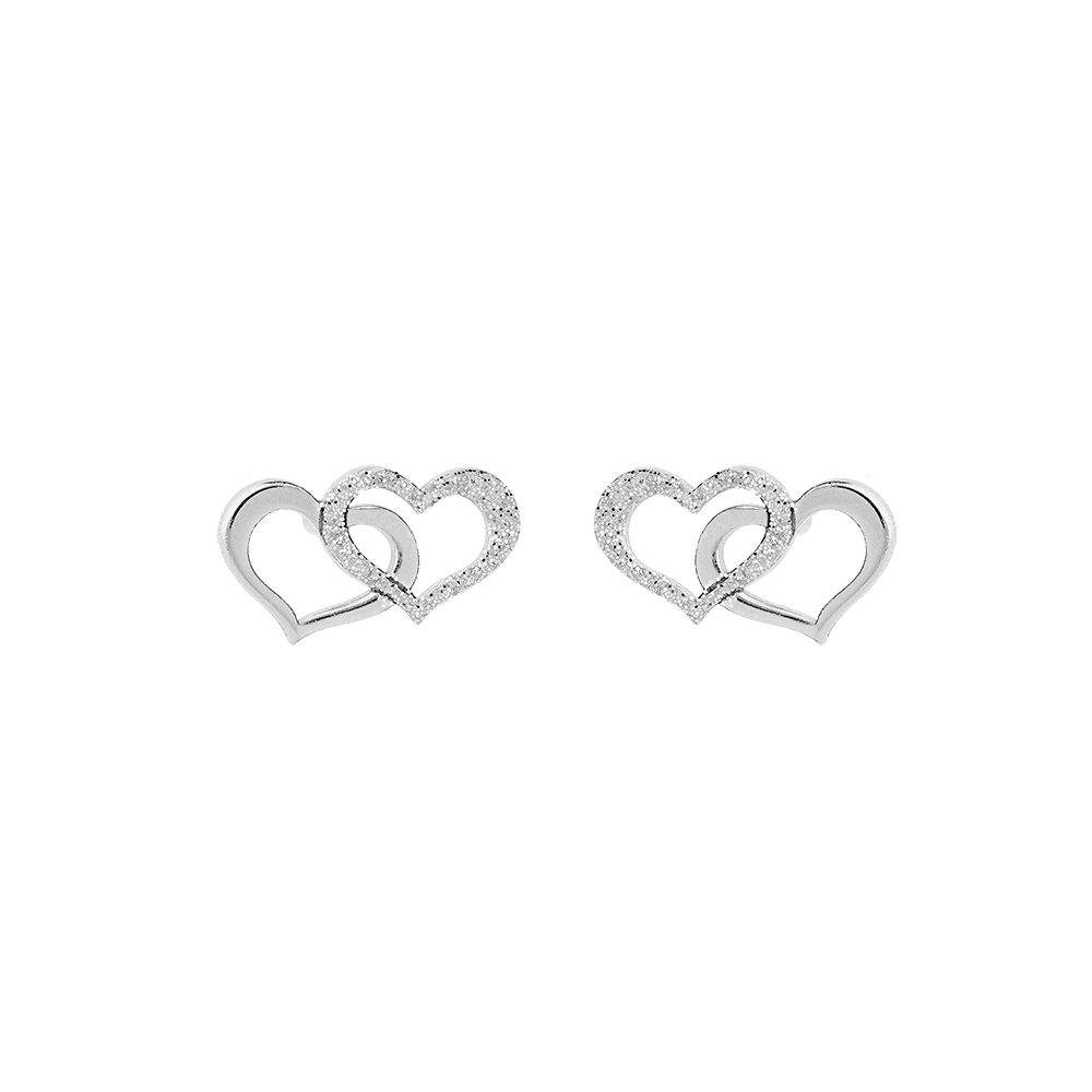 Boucles d\'oreille en argent rhodi� double coeur 1 lisse et 1 granit� avec fermoir poussette - Vue 1