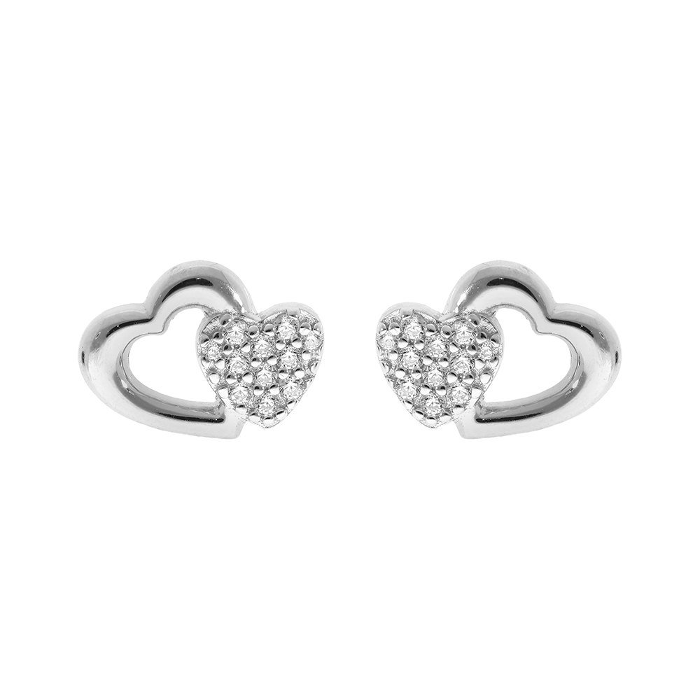 Boucles d\'oreille en argent rhodi� double coeurs avec oxydes blancs sertis et fermoir poussette - Vue 1