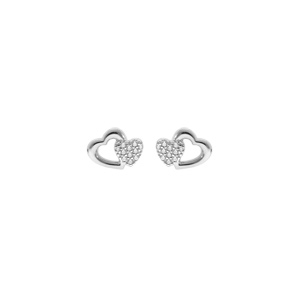 Boucles d\'oreille en argent rhodi double coeurs avec oxydes blancs sertis et fermoir poussette - Vue 1