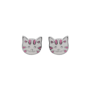 Boucles d\'oreille en argent rhodi enfant tte de chat blanche et rose avec fermoir poussette - Vue 1