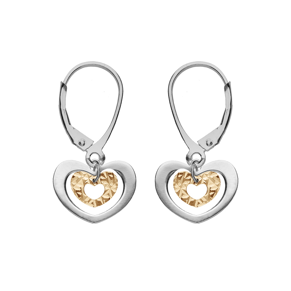 Boucles d\'oreille en argent rhodi� et dorure jaune double coeur 2 coloris et fermoir dormeuse - Vue 1