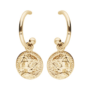 Boucles d\'oreille en argent rhodi et dorure jaune ethnique anneau avec pampille pice romaine et fermoir poussette - Vue 1