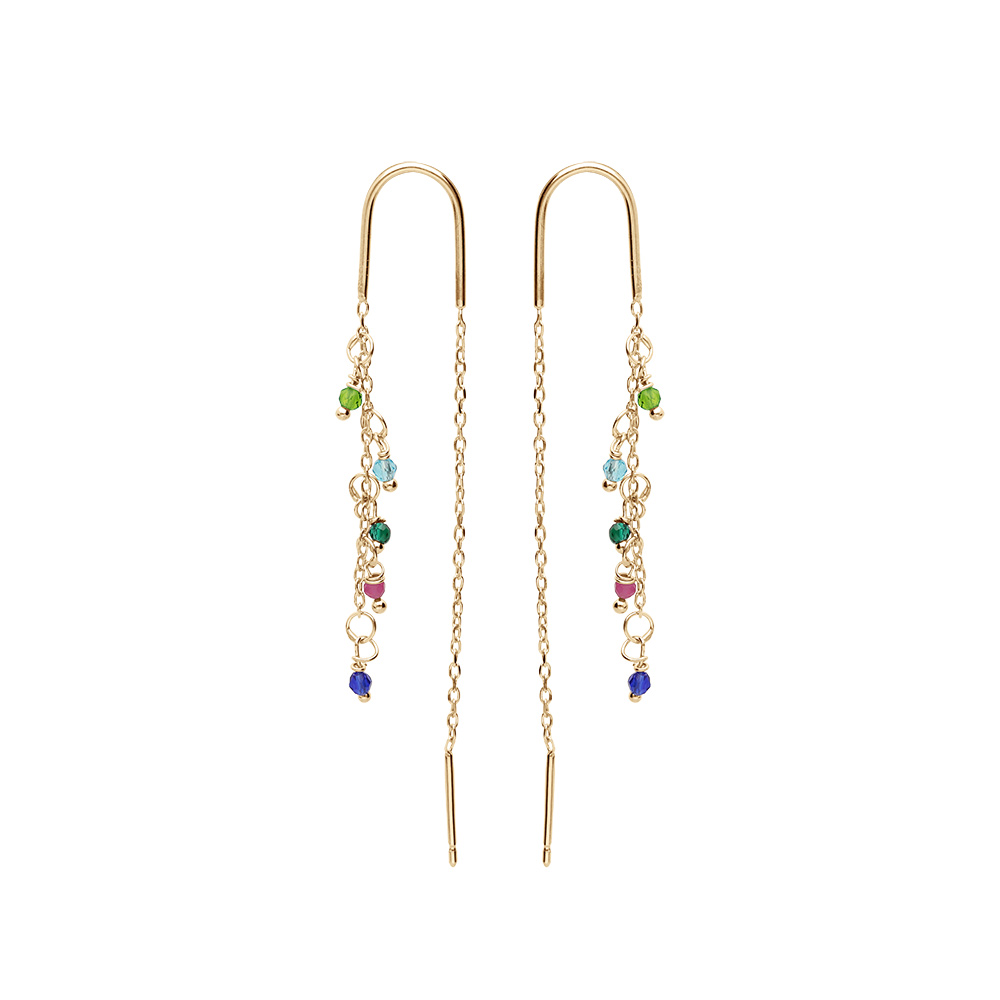 Boucles d\'oreille en argent rhodi� et dorure jaune passante avec cha�nette et pampilles empierr�s multi couleurs - Vue 1