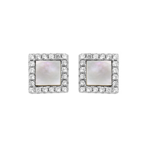 Boucles d\'oreille en argent rhodi et nacre blanche carr avec contour oxydes blancs sertis et fermoir poussette - Vue 1