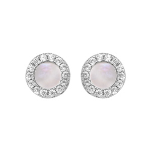 Boucles d\'oreille en argent rhodi et nacre blanche ronde avec contour oxydes blancs sertis et fermoir poussette - Vue 1