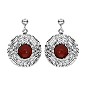 Boucles d\'oreille en argent rhodi ethnique ronde avec pierre rouge et fermoir poussette - Vue 1