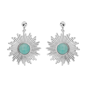 Boucles d\'oreille en argent rhodi ethnique soleil suspendu avec pierre Amazonite vritable et fermoir poussette - Vue 1