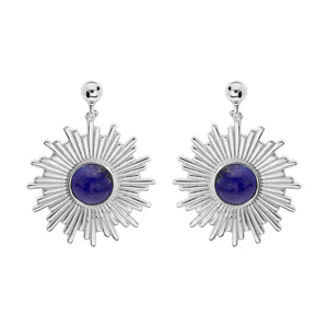 Boucles d\'oreille en argent rhodi ethnique soleil suspendu avec pierre Lapis Lazuli vritable et fermoir poussette - Vue 1