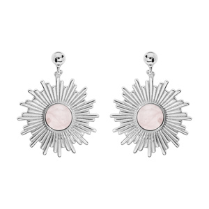 Boucles d\'oreille en argent rhodi ethnique soleil suspendu avec pierre Quartz rose vritable et fermoir poussette - Vue 1