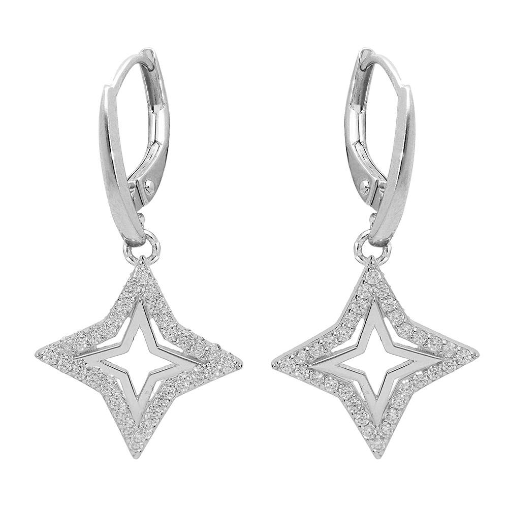 Boucles d\'oreille en argent rhodi� �toile ajour�e contour oxydes blancs sertis suspendue et fermoir dormeuse - Vue 1