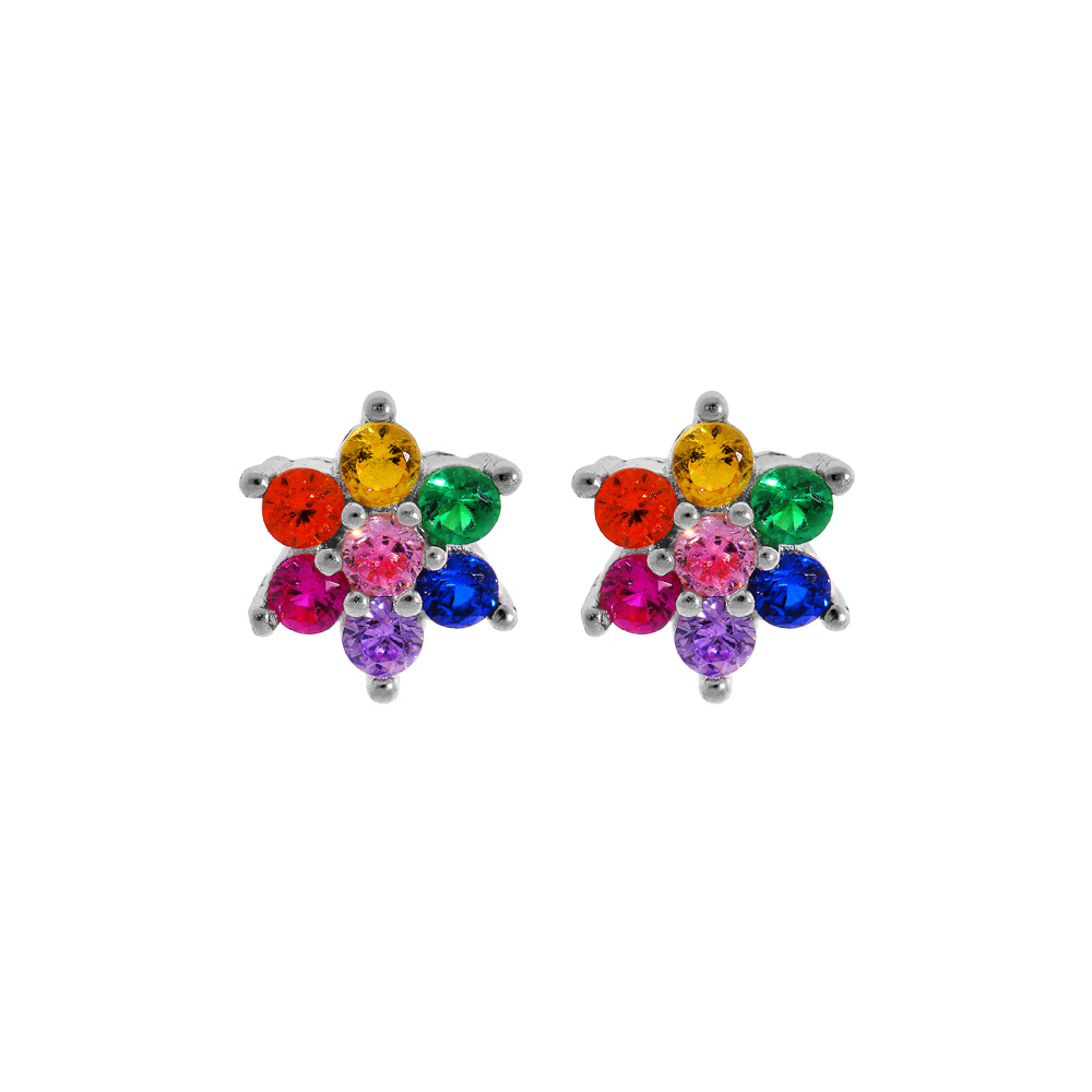 Boucles d\'oreille en argent rhodi� �toile de pierres multi couleurs et fermoir poussette - Vue 1