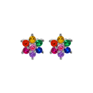 Boucles d\'oreille en argent rhodi toile de pierres multi couleurs et fermoir poussette - Vue 1