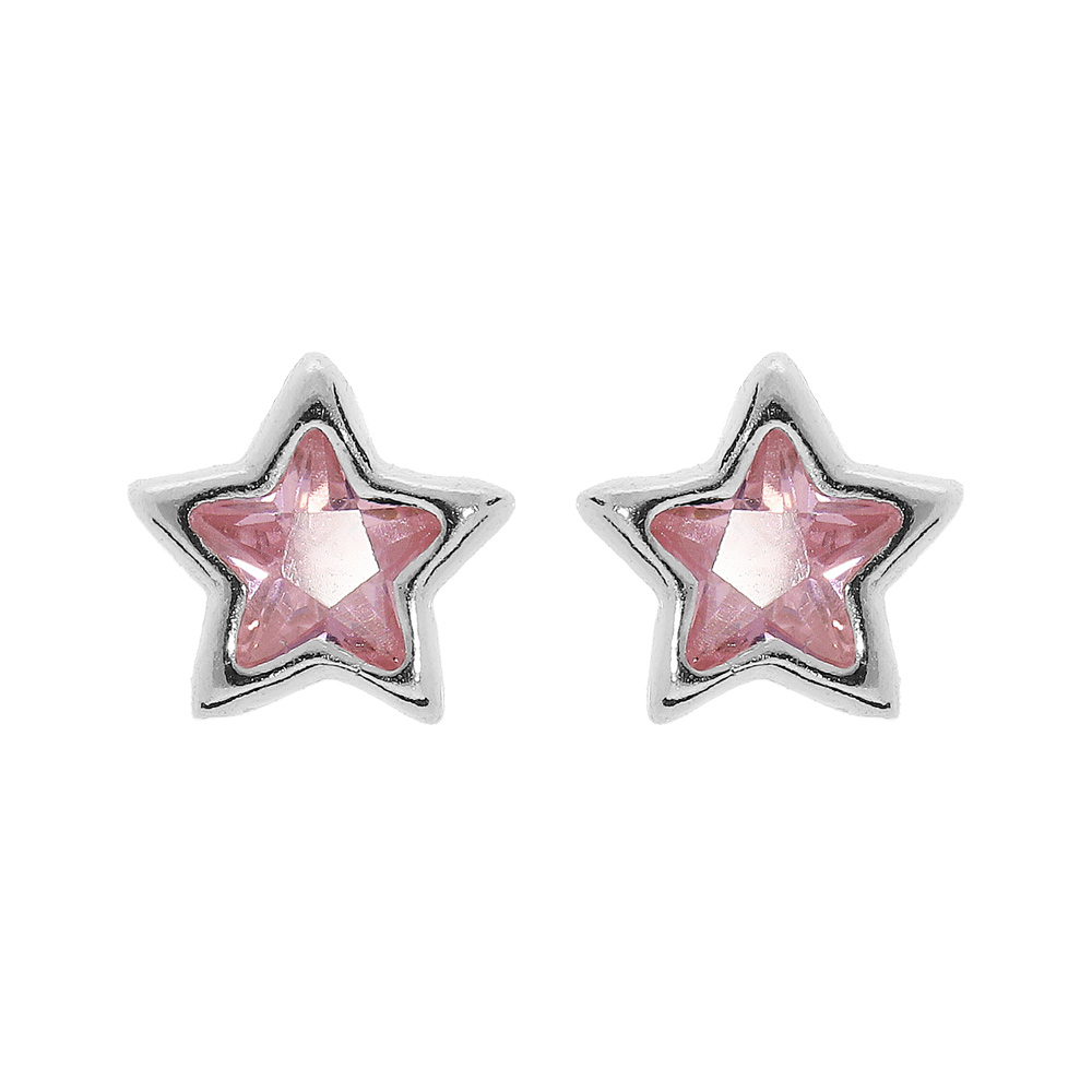 Boucles d\'oreille en argent rhodi� �toile d\'oxyde rose et fermoir poussette - Vue 1