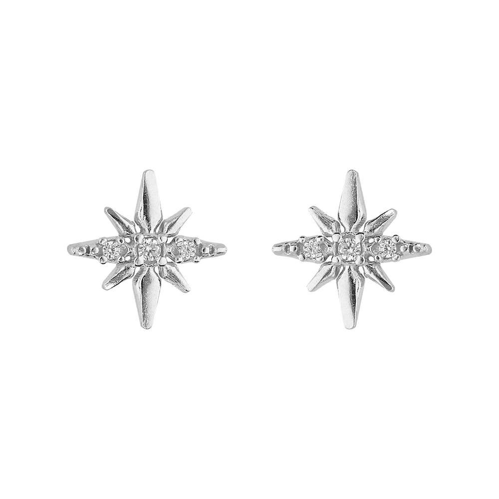 Boucles d\'oreille en argent rhodi� �toile Edelweis avec oxydes blancs et fermoir poussette - Vue 1