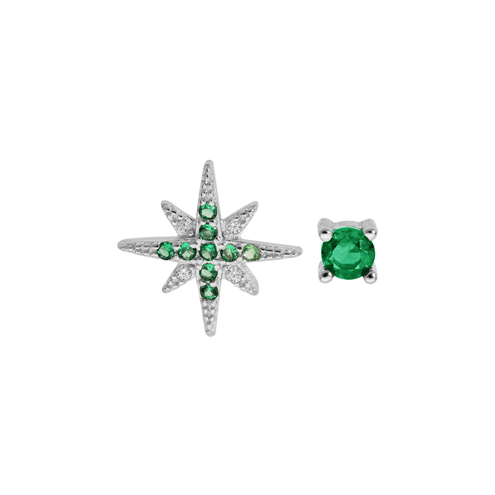 Boucles d\'oreille en argent rhodi� 1 �toile oxydes blancs sertis et 1 oxyde vert serti griffe avec fermoir poussette - Vue 1