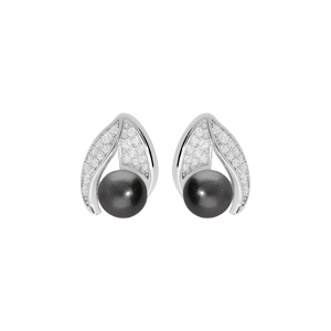 Boucles d\'oreille en argent rhodi feuille pave d d\'oxydes blancs avec Perle de Tahiti vritable 7mm et fermoir poussette - Vue 1
