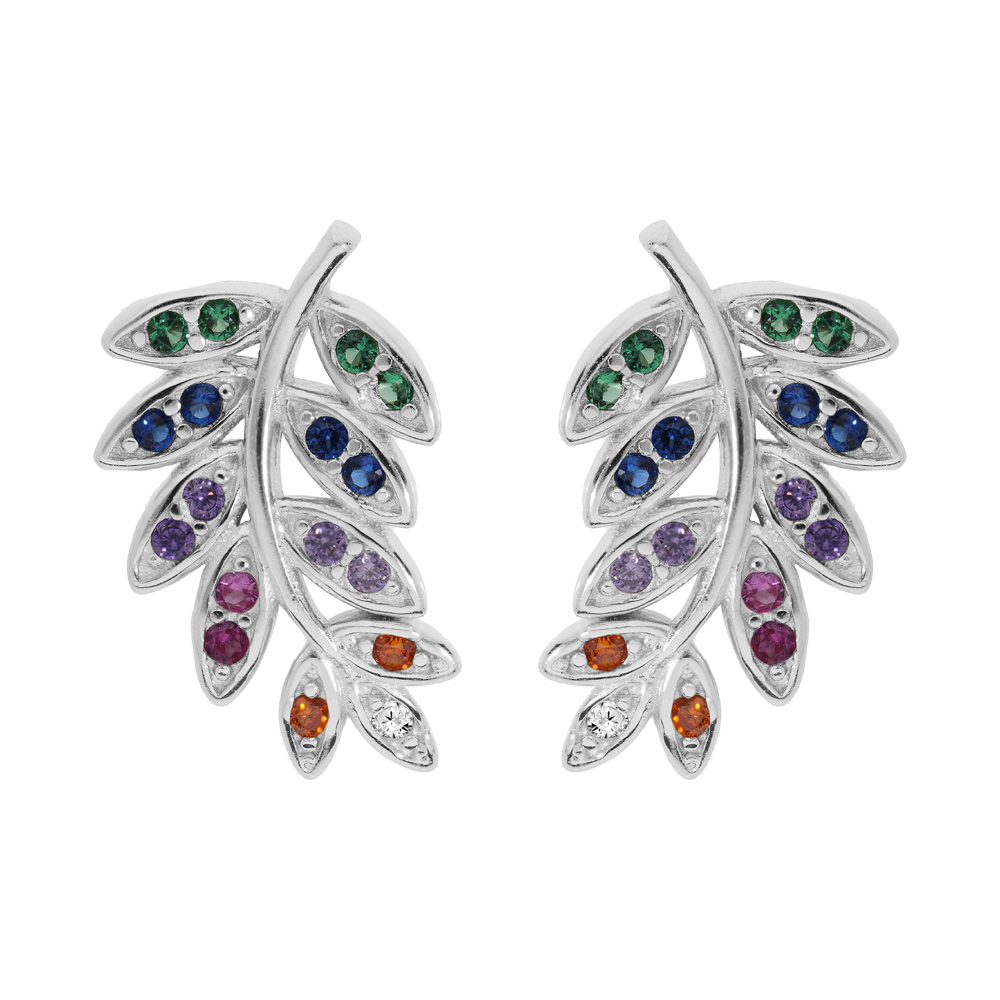 Boucles d\'oreille en argent rhodi feuilleavec oxydes multicouleurs et fermoir poussette - Vue 1