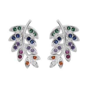 Boucles d\'oreille en argent rhodi feuilleavec oxydes multicouleurs et fermoir poussette - Vue 1