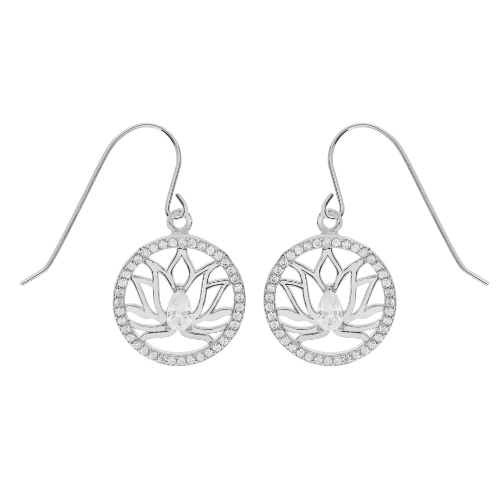 Boucles d\'oreille en argent rhodi� fleur de lotus dans cercle oxydes blancs et  fermoir crochet - Vue 1