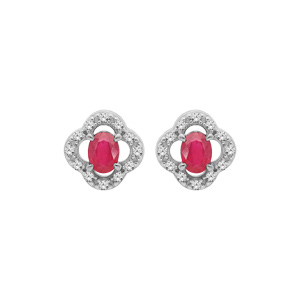 Boucles d\'oreille en argent rhodi fleur de Rubis vritable et Topazes blanches et fermoir poussette - Vue 1