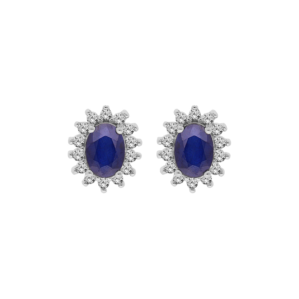 Boucles d\'oreille en argent rhodi� fleur de Saphir v�ritable contour Topazes blanches serties et fermoir poussette - Vue 1