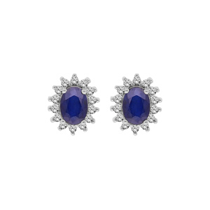 Boucles d\'oreille en argent rhodi fleur de Saphir vritable contour Topazes blanches serties et fermoir poussette - Vue 1