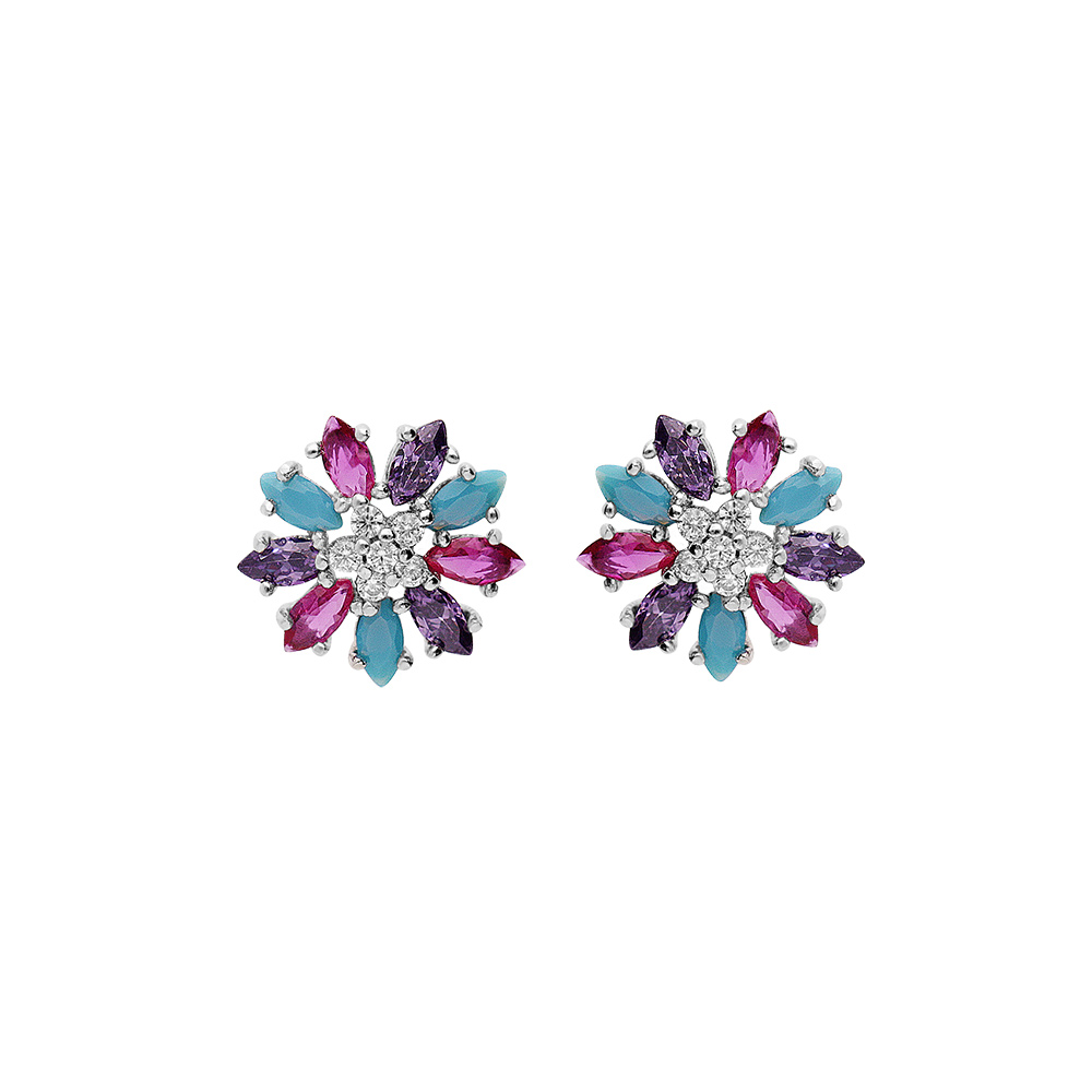 Boucles d\'oreille en argent rhodi� fleur d\'oxydes multi couleurs et fermoir poussette - Vue 1