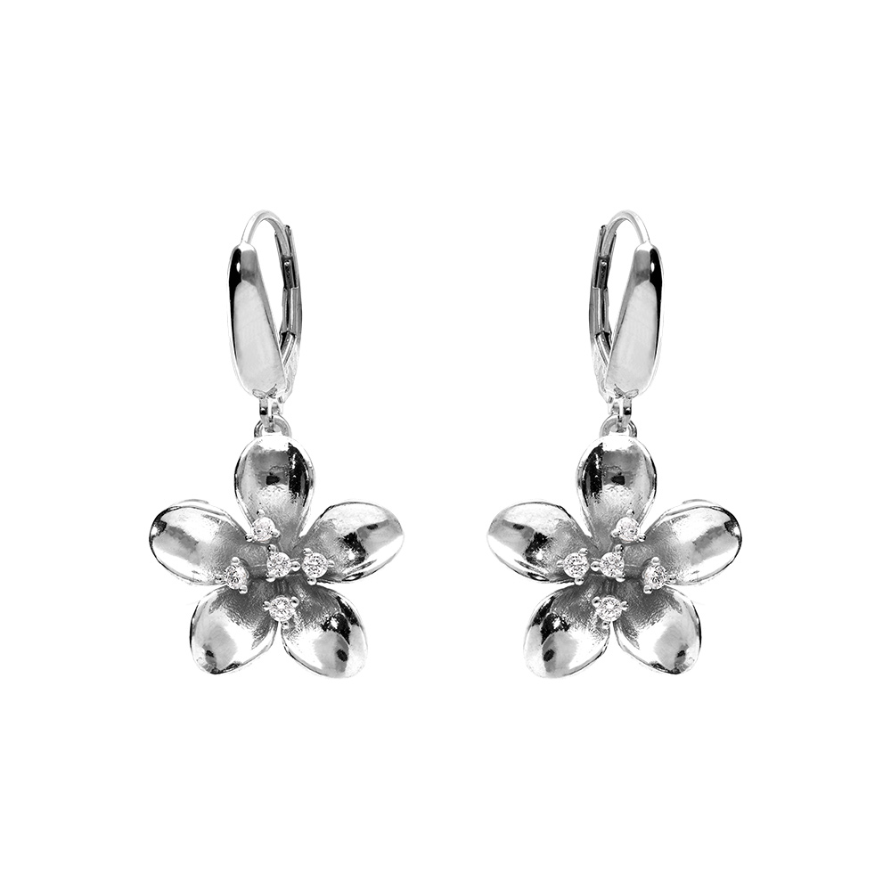 Boucles d\'oreille en argent rhodi�,  fleur et oxydes blancs sertis, fermoir dormeuse - Vue 1
