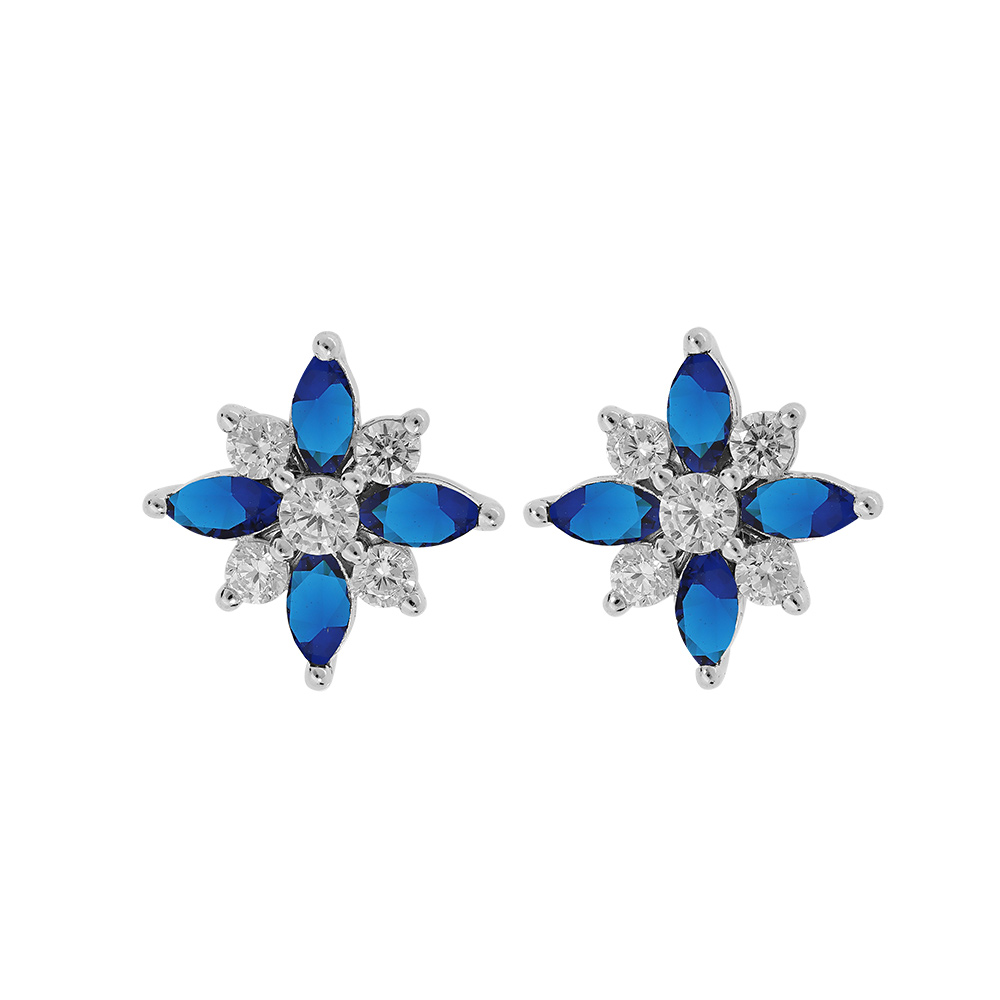 Boucles d\'oreille en argent rhodi� fleur oxydes blancs et bleus sertis avec fermoir poussette - Vue 1