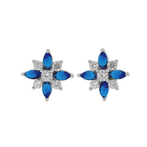 Boucles d\'oreille en argent rhodi fleur oxydes blancs et bleus sertis avec fermoir poussette - Vue 1