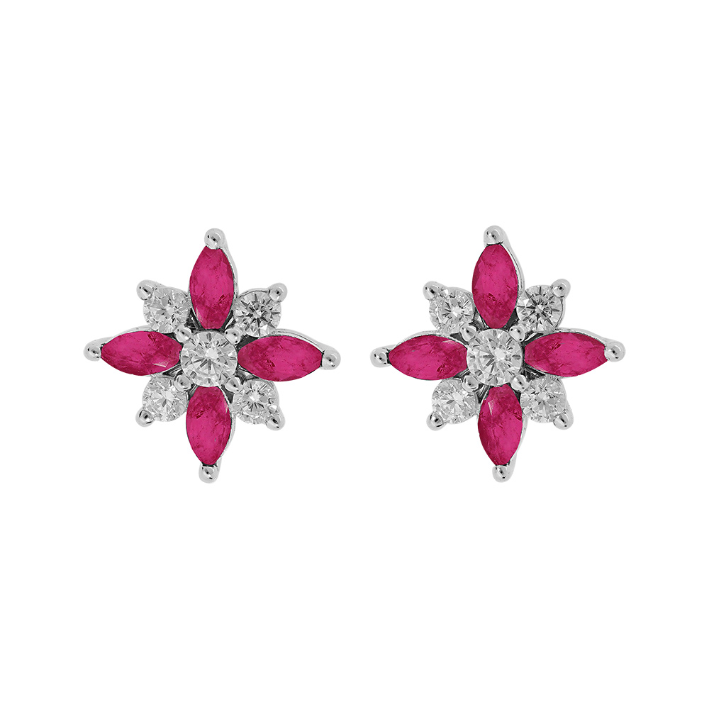 Boucles d\'oreille en argent rhodi� fleur oxydes blancs et fushia sertis avec fermoir poussette - Vue 1
