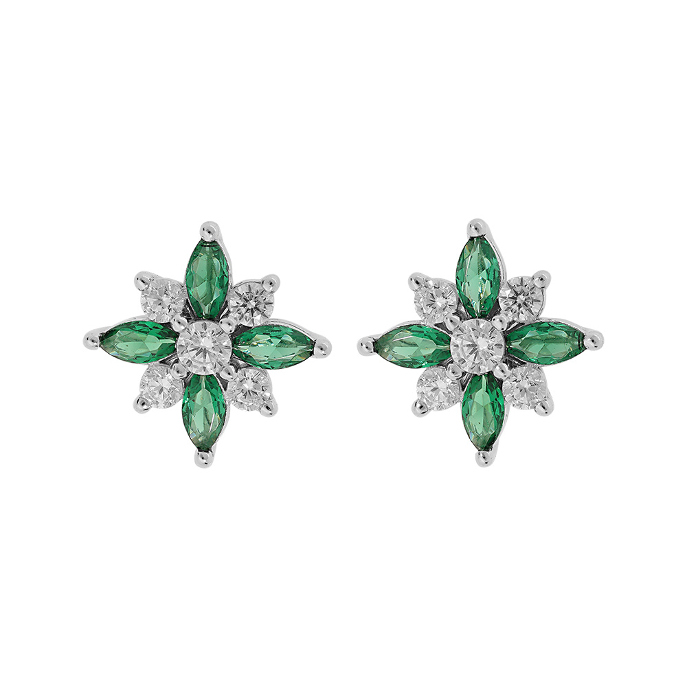 Boucles d\'oreille en argent rhodi� fleur oxydes blancs et vert sertis avec fermoir poussette - Vue 1