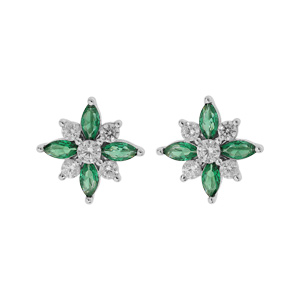 Boucles d\'oreille en argent rhodi fleur oxydes blancs et vert sertis avec fermoir poussette - Vue 1