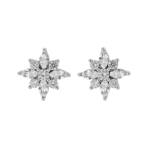 Boucles d\'oreille en argent rhodi fleur oxydes blancs sertis avec fermoir poussette - Vue 1