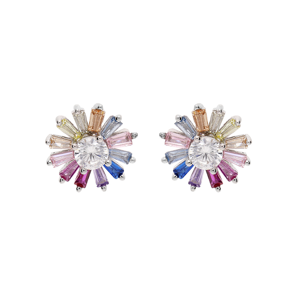 Boucles d\'oreille en argent rhodi� fleur oxydes multicouleurs et fermoir poussette - Vue 1