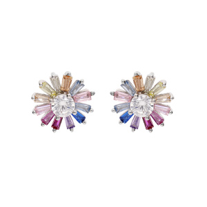 Boucles d\'oreille en argent rhodi fleur oxydes multicouleurs et fermoir poussette - Vue 1