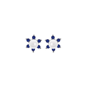Boucles d\'oreille en argent rhodié fleur perle blanche de synthèse et oxydes bleus et fermoir poussette - Vue 1
