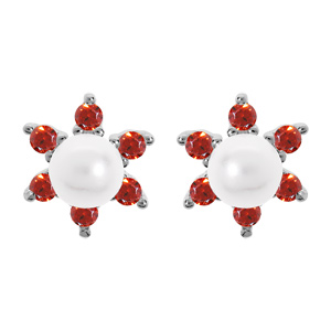 Boucles d\'oreille en argent rhodi fleur perle blanche de synthse et oxydes rouges et fermoir poussette - Vue 1