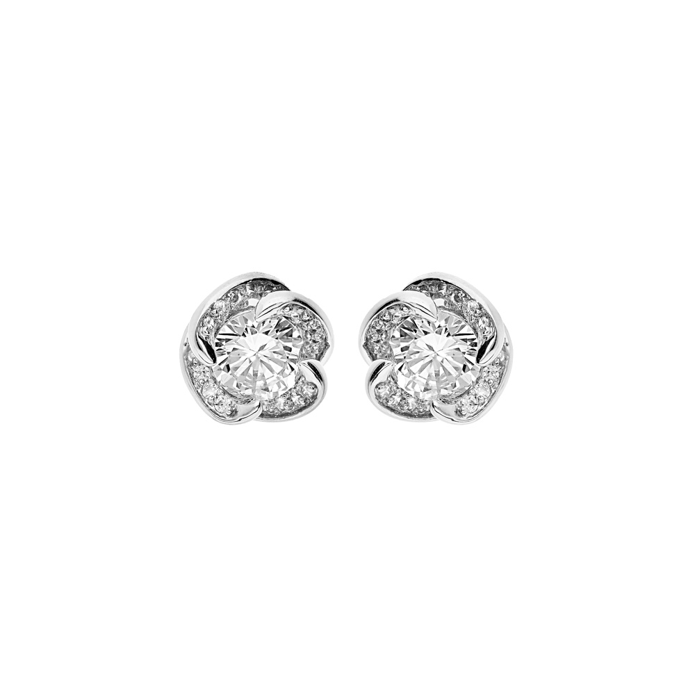 Boucles d\'oreille en argent rhodi� fleur stylis�e avec oxydes blancs et fermoir poussette - Vue 1