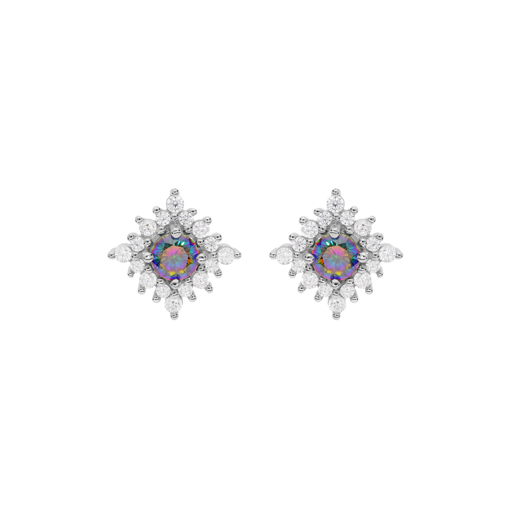 Boucles d\'oreille en argent rhodi� flocon avec oxyde arc en ciel mystique et oxydes blancs et fermoir poussette - Vue 1