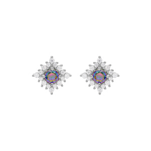 Boucles d\'oreille en argent rhodi flocon avec oxyde arc en ciel mystique et oxydes blancs et fermoir poussette - Vue 1