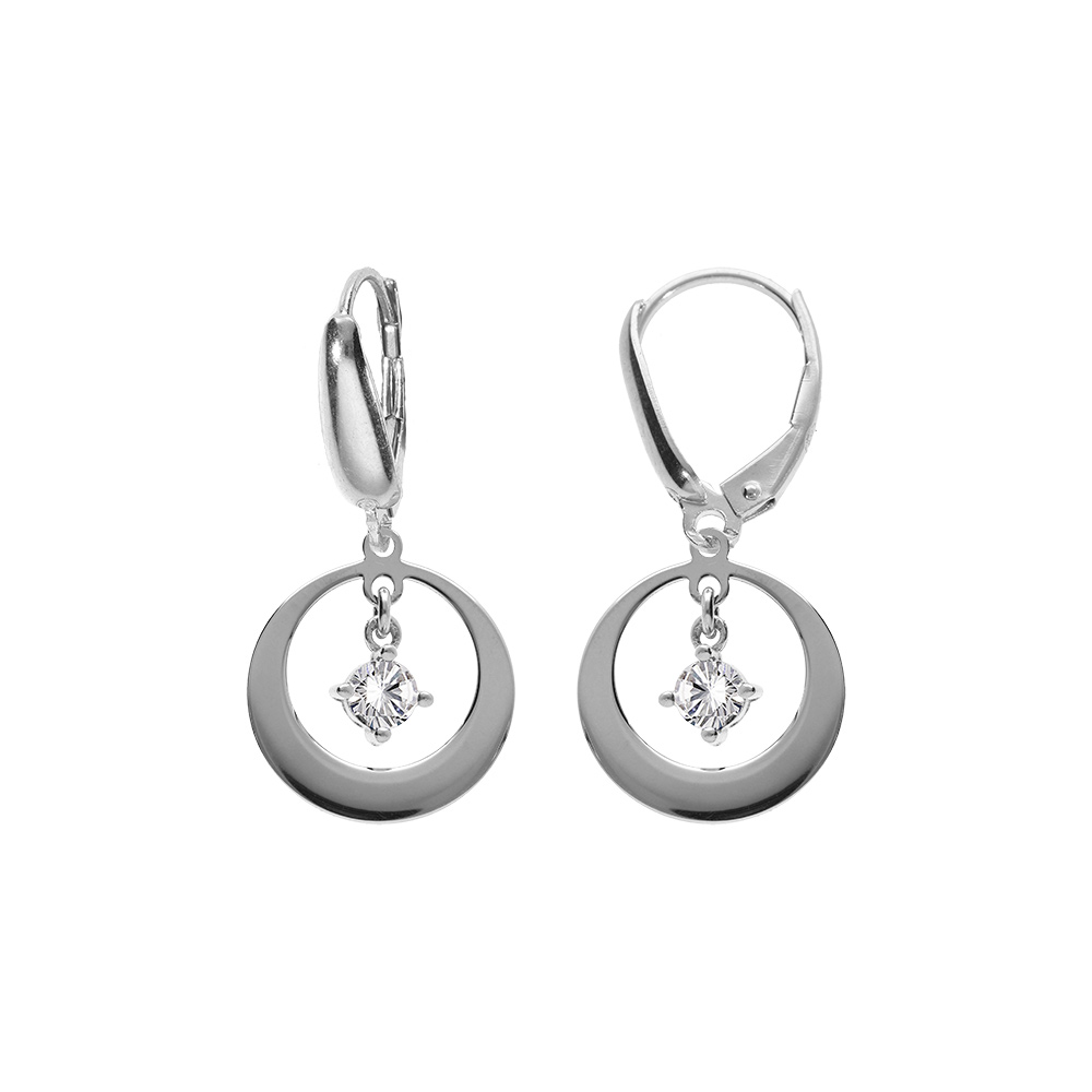 Boucles d\'oreille en argent rhodi�, forme cercle avec un oxyde blanc pendan, fermoir dormeuse - Vue 1